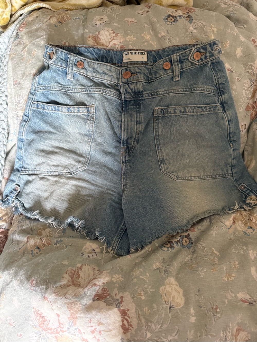 We The Free Light Blue High-Rise Frayed Denim Shorts cinch waist